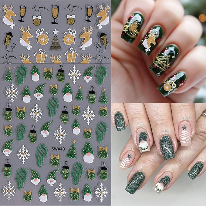 Christmas Nail Art Stickers Decals 3D Xmas Reindeer Snowflake Snowman Self-Adhesive Nail Stickers Winter Holiday Christmas Tree Elk Gift Nail Decals for Christmas DIY Manicure 6 Sheets