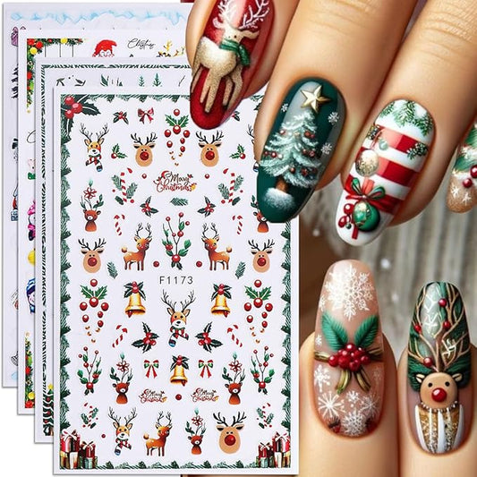 Christmas Nail Art Stickers 3D Deer Holly Bell Christmas Nail Stickers 6PCS Santa Claus Xmas Tree Snowman Snowy Tree Design 3D Self-Adhesive Xmas Nail Decals Nail Art Supplies for Women DIY Nail Salon