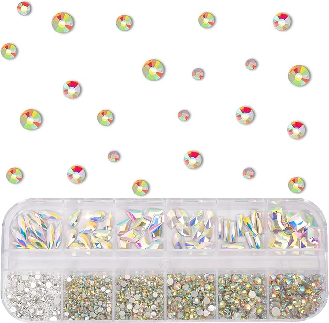 Multi Shapes AB 3D Glass Crystal Nail Rhinestones Kit Mix 0.8mm Silver Nail Round Beads Charm Flatback Gems 5 Grids Flatback Rhinestones Stone Diamond for Manicure Makeup DIY Decoration