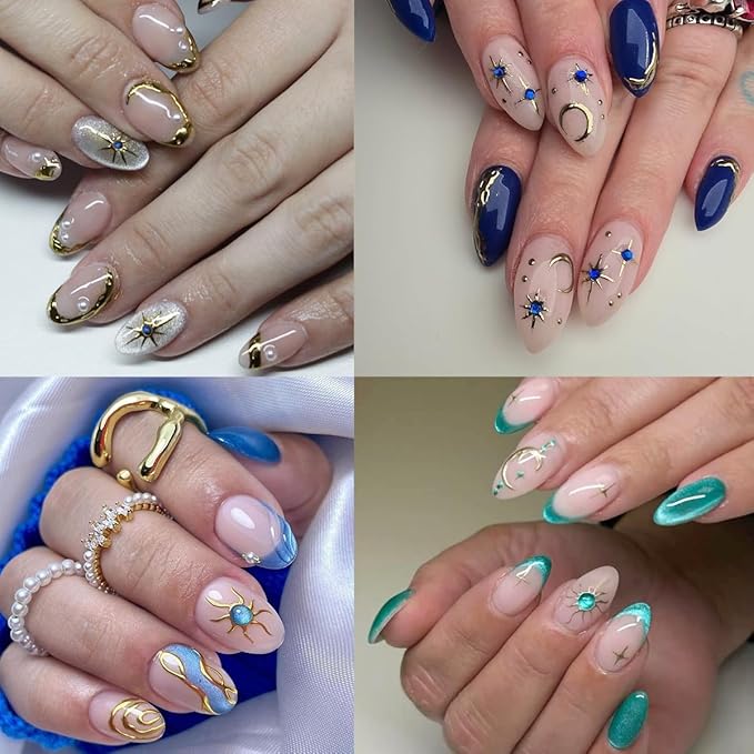2 Sheets Star Sun Moon Nail Art Stickers 5D Embossed Gold Silver Nail Stickers Bohemian Style Blue Green Crystal Diamonds Design Star Nail Art Decals Manicure Slider for Women DIIY Nail Decorations