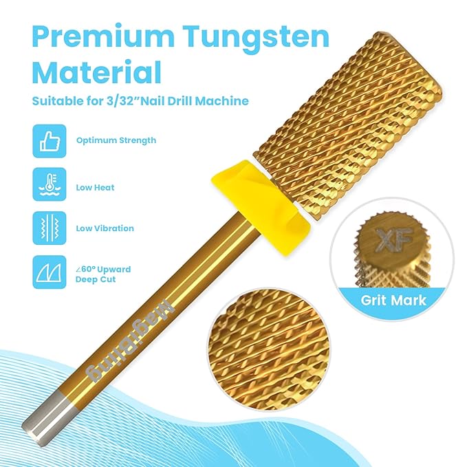 Super Cut Large Barrel Nail Drill Bits, 3/32'' Professional Tungsten Carbide Bits, Remove Hard and Soft Gel Fast, Right Hand Use, Manicure Pedicure Cuticle Gel Polishing, Gold Color, Extra Fine.