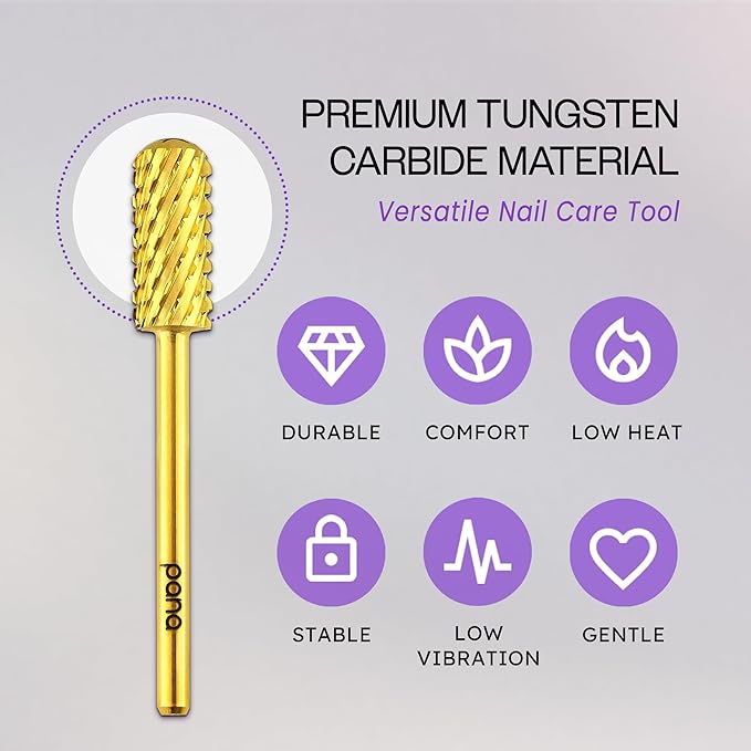 PANA 3/32" Small Smooth Round Top Safety Carbide Nail Drill Bit for Gel Polish & Acrylic Removal Nail Salon Manicure Pedicure Electric File Tools (Small Barrel - Gold, 2X Coarse)