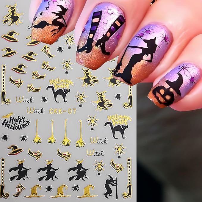 Halloween Nail Art Stickers, Ghost Nail Decals 3D Self-Adhesive Horror Ghost Skull Spider Web Bat Pumpkin Glitter Nail Design 8PCS Halloween Nail Art Supplies for Women Decoration