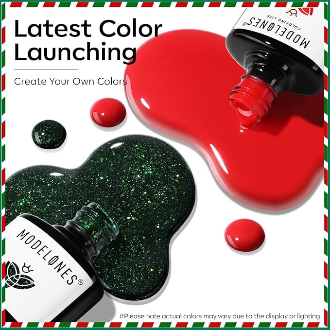 modelones Gel Nail Polish Set 2 Pcs 15 ML Red Green Glitter Gel Nail Polish Silver Champagne Rose Gold Shades Polish Kit Soak Off Nail Art Manicure Home Gift For Women Girl