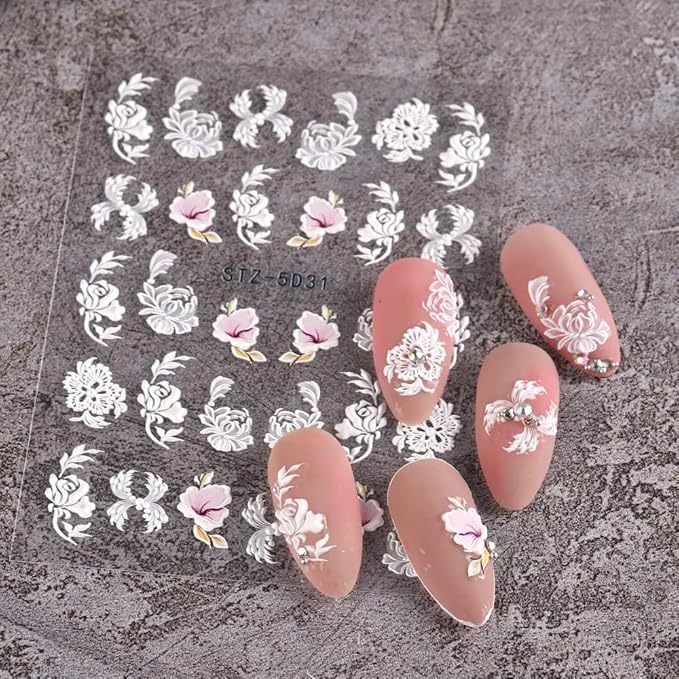 5D Spring Embossed Flower Nail Art Stickers 4 Sheets JMEOWIO Real Self-Adhesive Decals Floral Design Nail Decoration for Women Girls