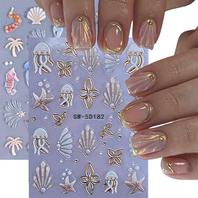 2 Sheets Summer Nail Art Stickers Decals 5D Embossed Ocean Theme Nail Stickers Shells Jellyfish Starfish Design Summer Nails Adhesive Decals Manicure Supply for Women DIY Nail Decorations