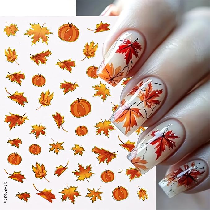 6 Sheets Thanksgiving Day Nail Stickers for Nails Art Fall Nail Decals Self-Adhesive Maple Leaf Nails Art Design Supplies Sticker Acrylic Manicure Tips Decoration Stickers for Women Autumn Nails DIY