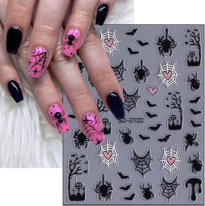 5Pcs Halloween Nail Art Stickers Decals 5D Cute Pumpkin Ghost Nail Stickers Bloody Spider Web Bat Skeleton Goth French Nails Design Decals Spider Nail Supplies for Women Halloween Salon Manicure