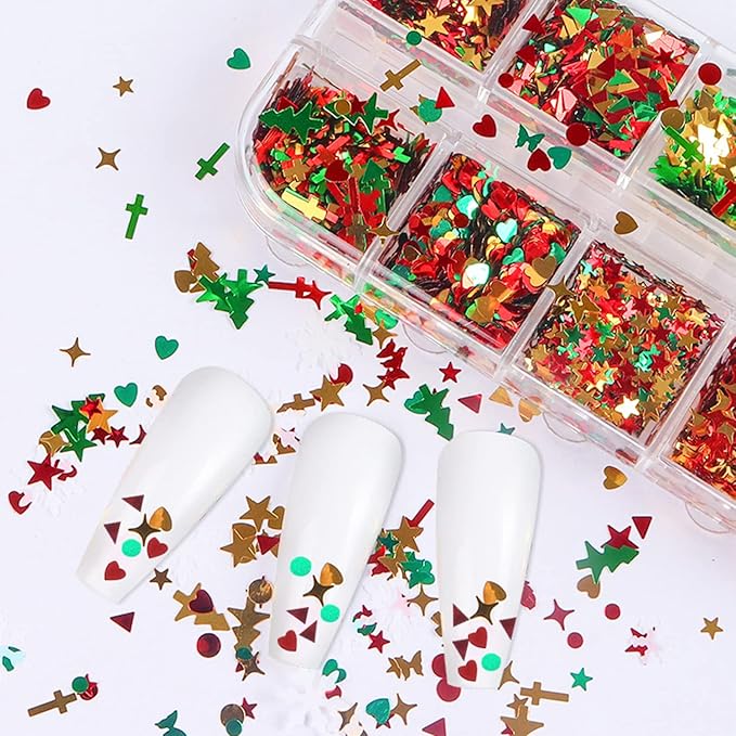 Christmas Nail Art Glitters, Christmas Tree Snowflake Nail Sequins, 3D Mixed Snowflake Tree Heart Star Butterfly Circle Nail Sparkly Flakes Design for Women Manicure Holiday Nail Art Decoration