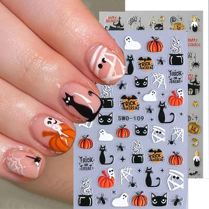 3 Sheets Goth Nail Stickers 5D Embossed Halloween Ghost Nail Art Stickers Cute Cat Pumpkin with Spider Bat Design Sticker Gold Spider Web Nail Decals Nail Art Supplies for Women Acrylic Nail DIY