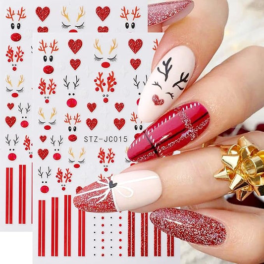 2Sheets Cute Christmas Nail Art Stickers 3D Xmas Elk Design Nail Decals Red Glitter Heart Lines Nail Stickers Self-Adhesive Cute Deer Nail Decal White Star Snowflake Nail Sticker for Women Nails Decor