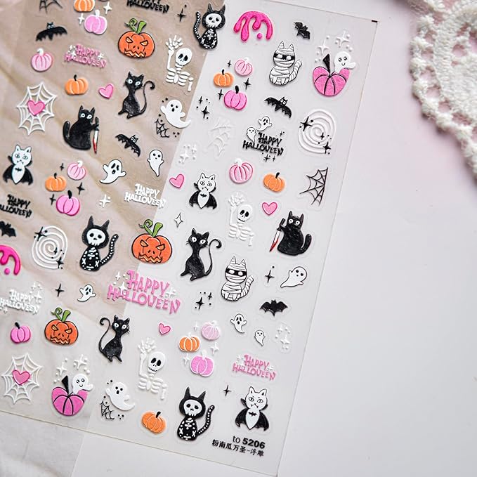Halloween Nail Art Stickers Decals 5D Embossed Pumpkin Black Cat Nail Decals 1PCS Ghost Bat Skeleton Spider Web Cute Halloween Nails Design Adhesive Sliders for Holiday Manicure Nail Art Decorations
