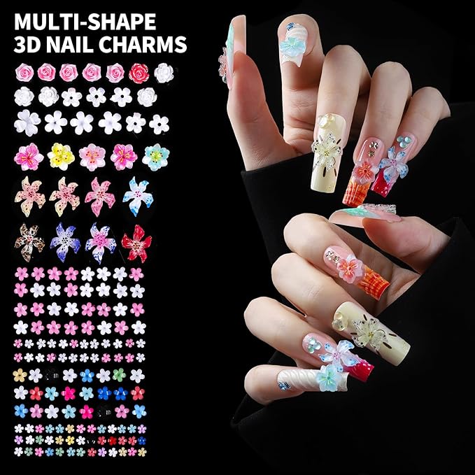 FAMDAMEI 24 Grid Nail Charms, Nail Art Kit with Multi Shapes Nail Charms and Gems, Flatback AB Nail Rhinestones Gold Nail Pearls, Colorful 3D Hawaii Flowers Nail Jewels for DIY Nail Design for Crafts