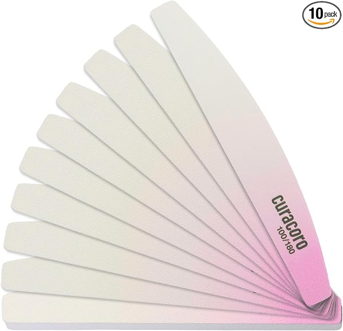 Curacoro 10 PCS Nail File - Professional Half-Moon Nail Files Double Sided Emery Board (100/180 Grit), Washable Nail Files and Buffers, Smooths & Shapes Nails, Manicure & Pedicure Buffing Tools