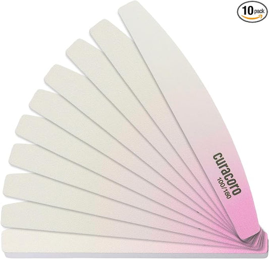 Curacoro 10 PCS Nail File - Professional Half-Moon Nail Files Double Sided Emery Board (100/180 Grit), Washable Nail Files and Buffers, Smooths & Shapes Nails, Manicure & Pedicure Buffing Tools