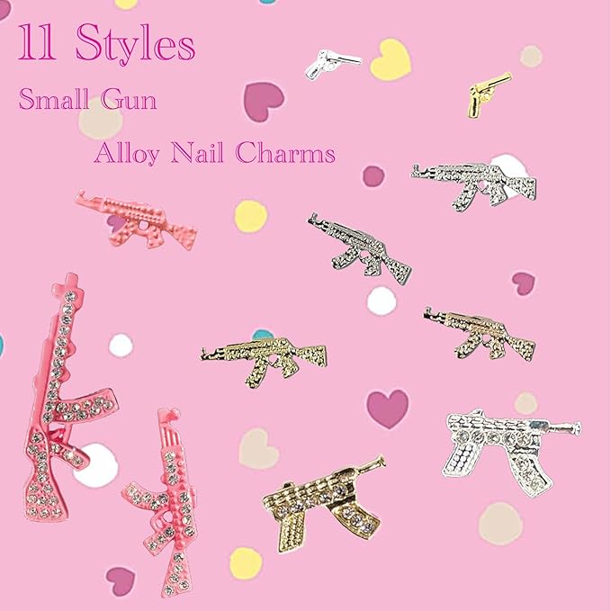 114PCS Gun 3D Nail Charms for Acrylic Nails, Gold Silver Alloy Nail Gems Small Pistol Machine Gun Nail Accessories, Nail Rhinestones for Nail Art Supplies Manicure Craft DIY