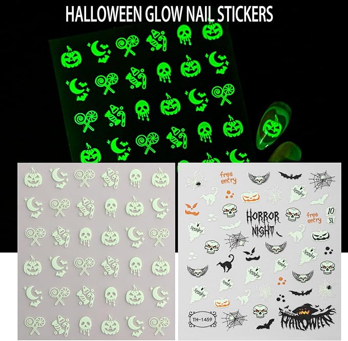 Halloween Nail Stickers - Halloween Nail Decals,3D Self-Adhesive Night Light Elements Nail Art Decals Holiday Nail Stickers for Women Grils (6 Sheets)