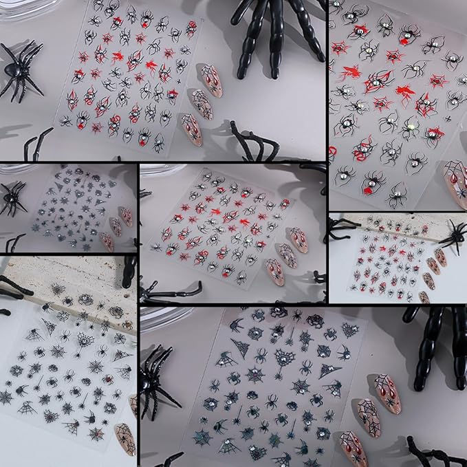 2 Sheets Halloween 5D Embossed Nail Stickers for Nail Art Red Black Spider Web Nail Decals Self-Adhesive Spider with Glitter Rhinestones Nail Design Decals Goth Halloween Nails Supply for Women DIY