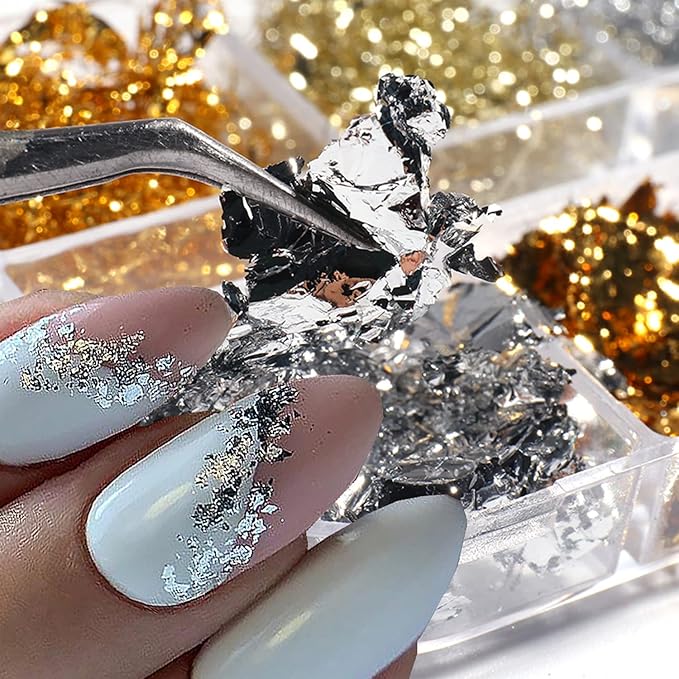 Glitter Nail Foils Flakes, Holographic Sparkly Ultra-Thin Aluminum Foil Nail Decorations, DIY 3D Nail Art Tips