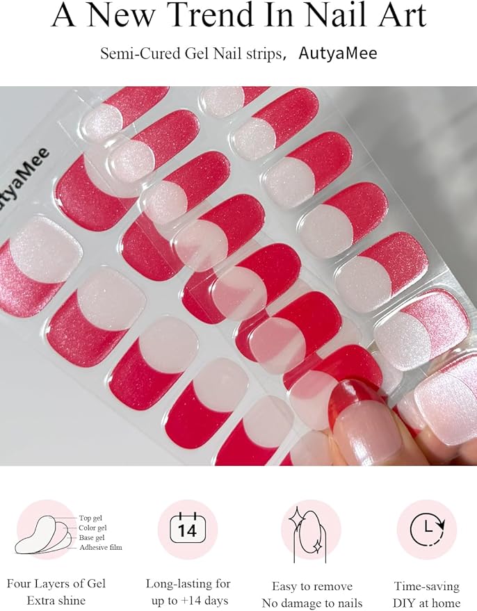 Semi Cured Gel Nail Strips (Chrome Red French), Glazed Donut, 30 Pcs Gel Nail Wraps, Stickers, UV Light Required