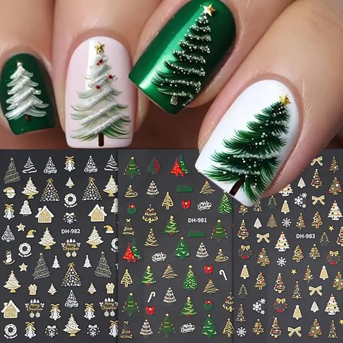 Christmas Nail Art Stickers Decals Xmas Tree Snowflake Nail Decals 3D Self-Adhesive Nail Art Supplies 6PCS Christmas Trees Bow Snowflakes Xmas Nails Design Manicure Sliders for Women Nail Decorations