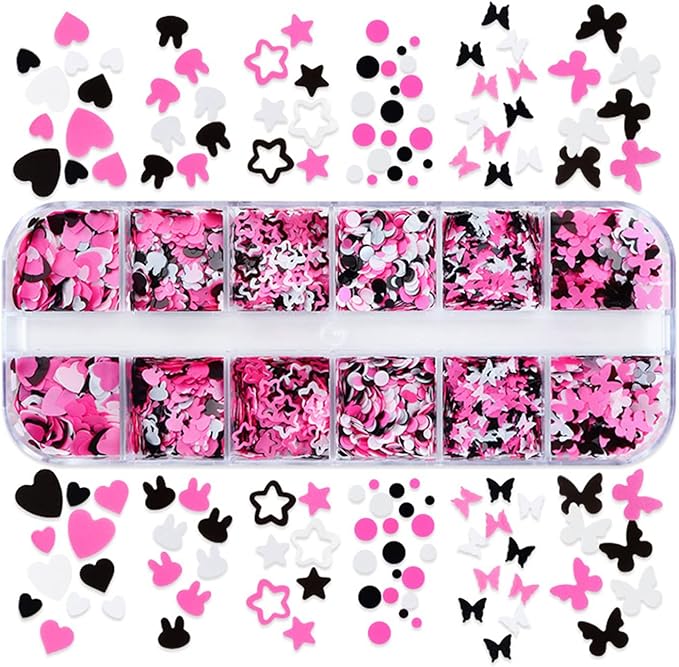 Holographic Nail Art Glitter Sequins, 3D Pink Black Glitter Flakes Nail Art Designs, Love Heart Butterfly Star Floral Acrylic Nails Supplies for Women Girls Manicure Decorations DIY Shiny Nails Crafts