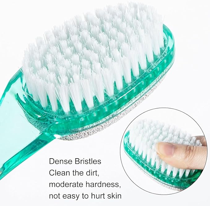 4 Pcs Foot Brush for Shower with Handle 2 in 1,Ooloveminso Large Foot Pumice Stone Brush Scrubber Foot File Calluses Remove Suitable for Horniness Foot Spa,Foot Care Smooth Skin (Green&Transparent)