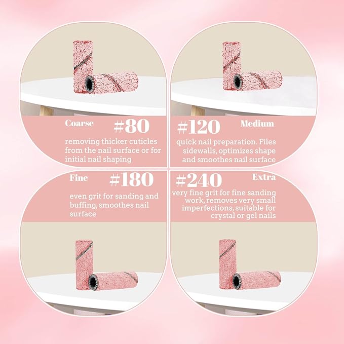 100 Pcs Nail Drill Bits Sanding Bands for Nail Drill, Nail Tips for Drill Bits Nail Tech,180 Fine Grit Nail File Sanding Bands for Acrylic Nails Gel Manicures and Pedicure, Pink