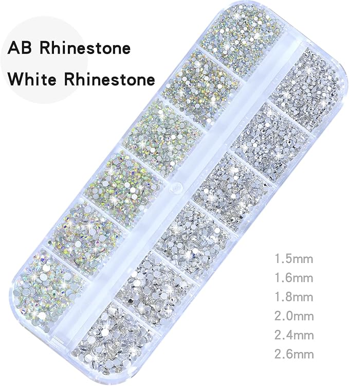 HNUIX NAI Charms - 3D Round Multi Size Crystal Rhinestones, Clear & AB Nail Gems, White & Beige Pearls, Silver & Gold Metal Beads, with Kit, for Nail Art, DIY Decorations