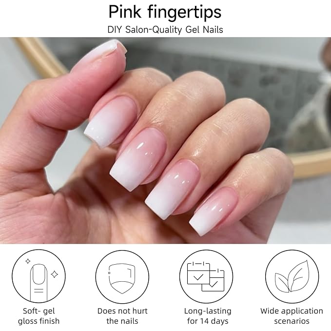 Semi Cured Gel Nail Strips, Pink fingertips| 28 pcs Gel Nail Strips Work with Any UV Lamp, Salon Quality UV Nails Stickers, Easy to Apply for Home Nails DIY