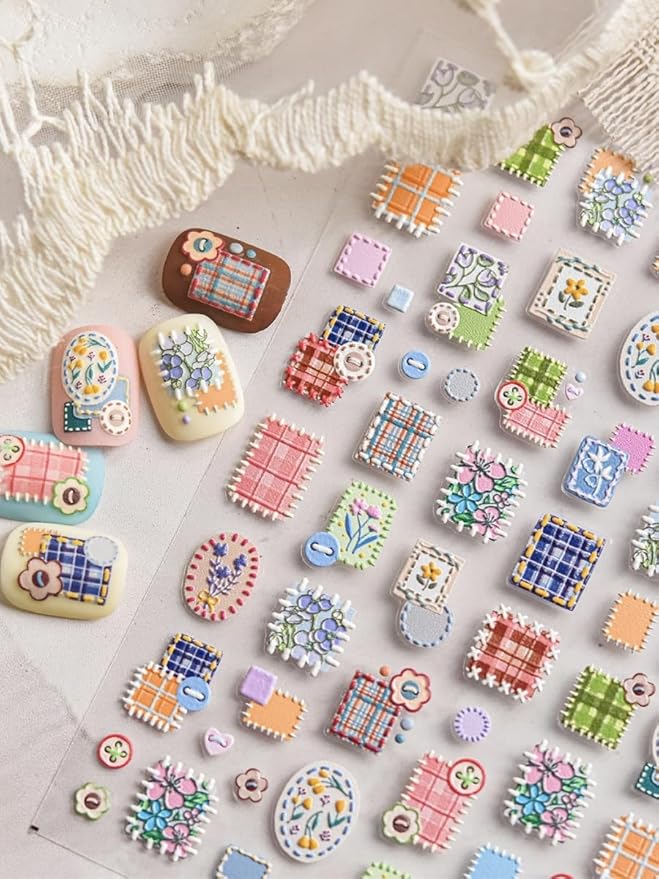 Cottagecore Nail Stickers – 5D Embossed Floral & Plaid Art Decals, Aesthetic Self-Adhesive Design for DIY Nails, Vintage Pastel Patterns Cozy, Cottage-Inspired Manicure, Home or Salon