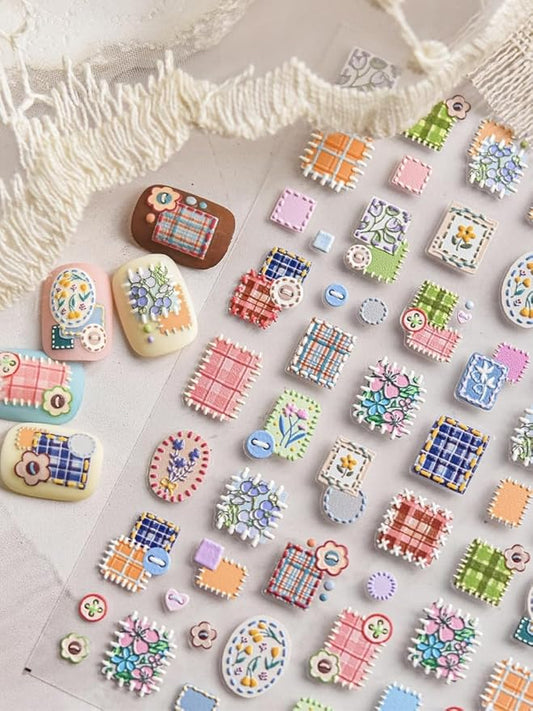 Cottagecore Nail Stickers – 5D Embossed Floral & Plaid Art Decals, Aesthetic Self-Adhesive Design for DIY Nails, Vintage Pastel Patterns Cozy, Cottage-Inspired Manicure, Home or Salon