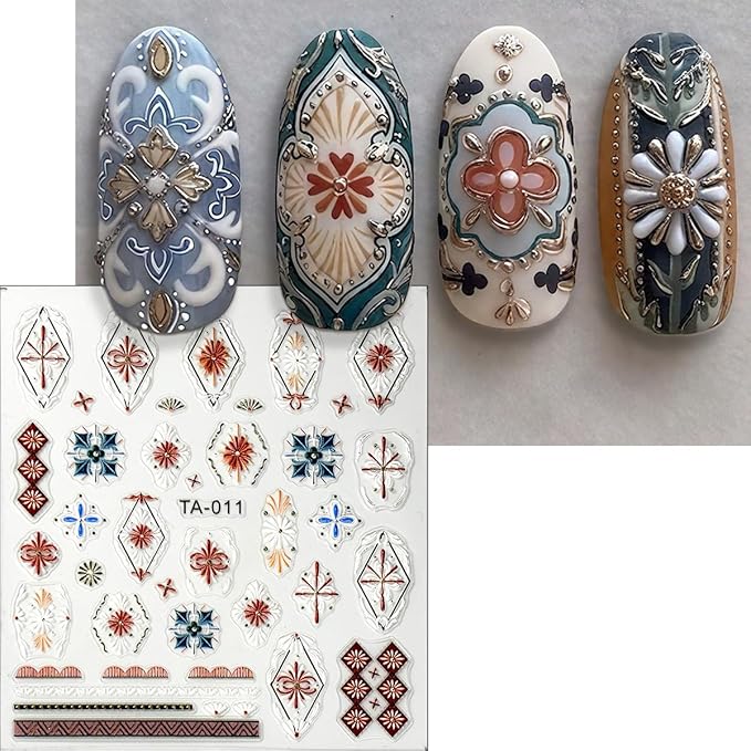 2 Sheets Relief Bohemian Style Nail Stickers, Retro Color 5D Embossed Nail Decals with Metallic Lace Lines, Vintage Boho Nail Art Decoration for Women Girls DIY Manicure Supplies