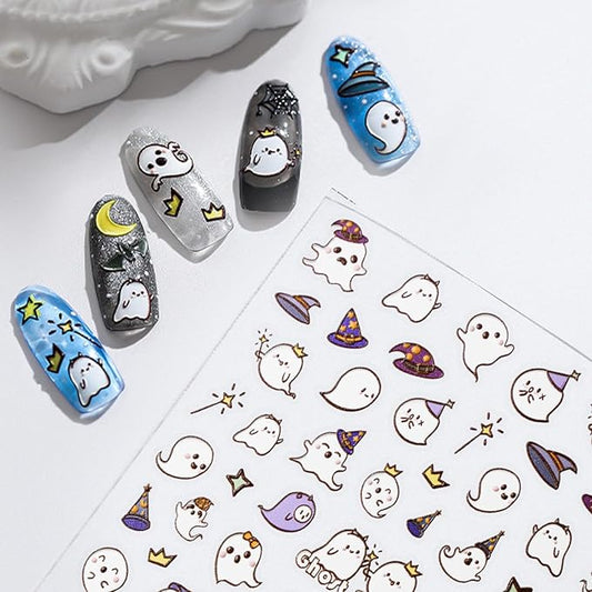 Halloween Nail Stickers for Nail Art - Ghost Party Nail Art Sticker Halloween Cute 5D Embossed Nail Decals Self-Adhesive Nails Supply Manicure Stickers for Nails Decoration