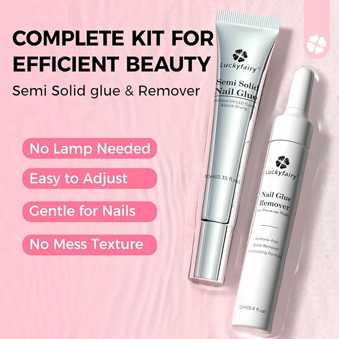 Super Strong Nail Glue for Press On Nails: 10g Semi Nail Glue with 12ml Glue Remover Kit, Quick Dry, No UV Lamp Needed with Gentle Non-Acetone Remover, Long Lasting for Acrylic Fake Nails Tips