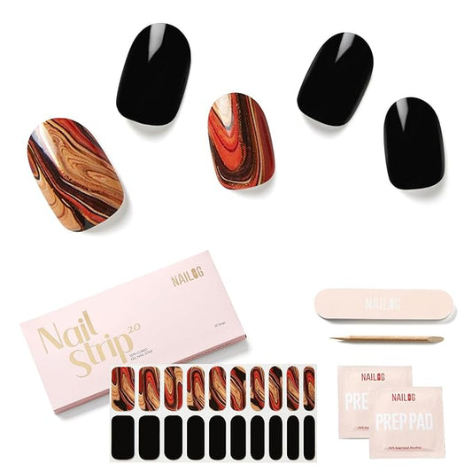 NAILOG Semi Cured Gel Strips - 20 Pcs Nail Stickers | Buy 2 Get 1 UV Light | Extra Long Wraps With Glossy Gel Finishing Black, Magma