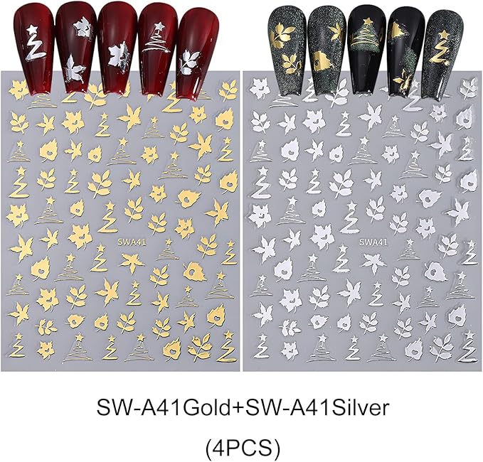 Fall Maple Leaves Nail Art Stickers for Thanksgiving, Gold Silver Maple Leaves Nail Decals 3D Self-Adhesive with Flowers Leaf Design 6Pcs Fall Glitter Nail Art Supplies for Women Nail Decoration