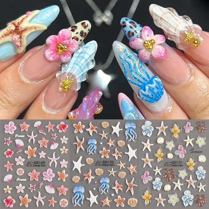 Ocean Life 5D Embossed Nail Art Stickers Decals, 5 Sheets Starfish Seashell Jellyfish Hibiscus Flowers Self Adhesive Nail Decals Summer Sea Theme Nail Supplies for Women Girls DIY Manicure Decor