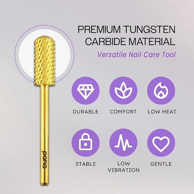 PANA 3/32" Shank Size Smooth Top Small Barrel Carbide - Nail Drill Bit for Dremel Machine Manicure Pedicure Nail Salon Tools Gel Polish & Acrylics Removal (Gold, Coarse)