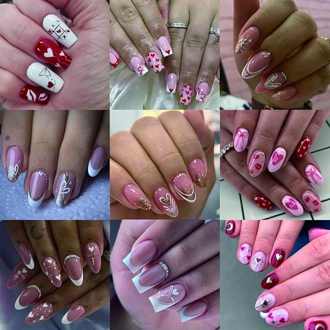 8 Sheets Valentines Nail Art Sticker Red Romantic Heart Nail Decals Personalized Bow Nail Design Stickers Love Letter False Nails Valentines Nail Design Stickers Glossy Nail Art Supplies for Women