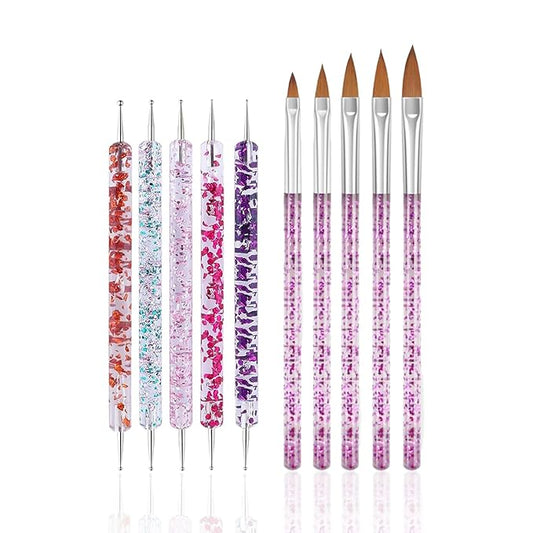 10 Pcs Nail Dotting Tools Set, 5 Pcs Double-end Nail Dotting Pen and 5 Pcs Nail Art Painting Brushes