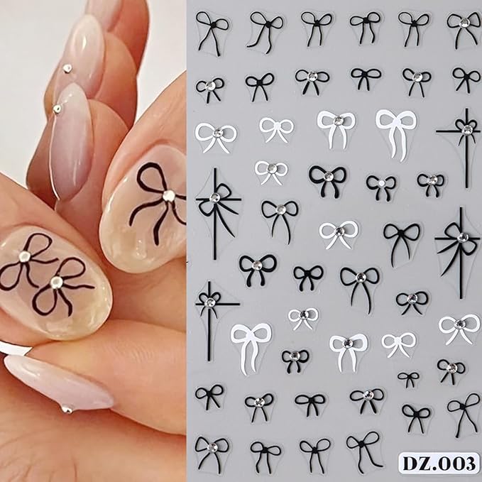 6 Sheets Rhinestones Bow Nail Stickers for 3D Self-Adhesive Flower Nail Art Decals With Glitter Design Red Black Acrylic Nail Art Supplies for Women DIY Manicure