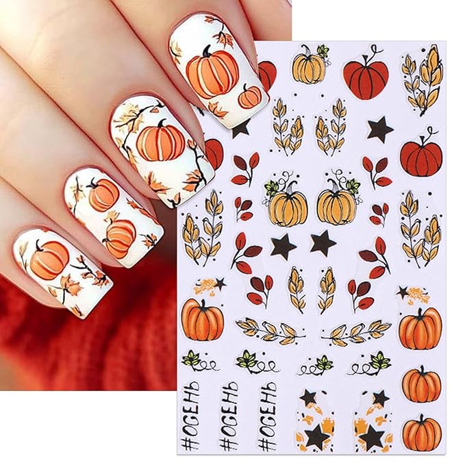 Fall Nail Stickers - Autumn Glitter Pumpkin Leaf Self-Adhesive 3D Nail Decals for Women Girls DIY Thanksgiving Day Manicure (5 Sheets)