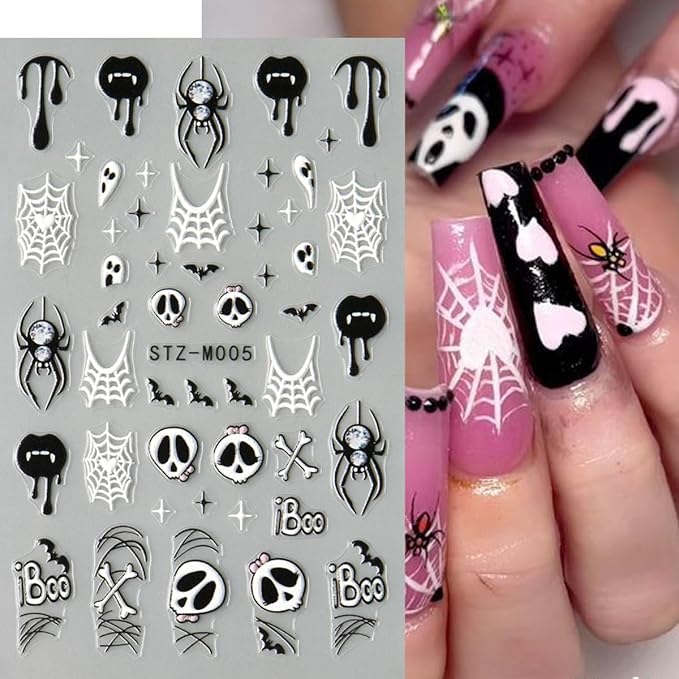 6pcs/Set Halloween Ghost 3D Nail Sticker Pink Heart Spider Web Black Stars Moon Love Spider Skull Cartoon Nail Art Stickers Designs French Manicure DIY Cute Holiday Nail Art Decoration Charms