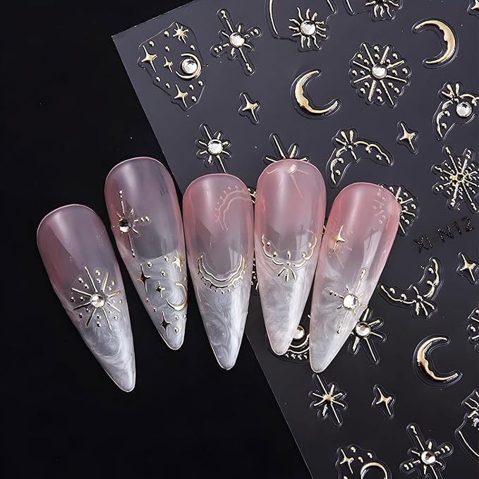 Gold Star Nail Art Stickers Decals Moon Nail Decals 5D Embossed Glitter Rhinestones Nails Design Stickers Gold Nails Supplies for Women Nail Art Decorations