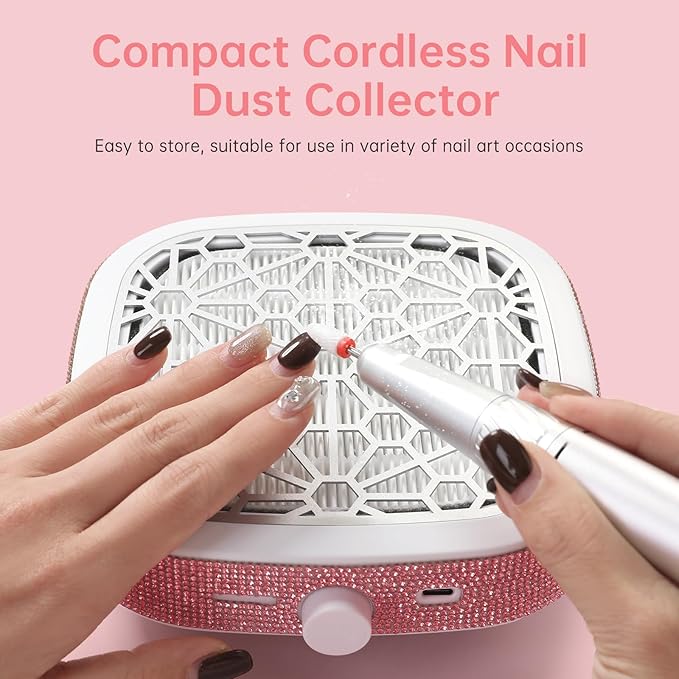 Nail Dust Collector, Cordless Dust Collector Nail Tech, Compact Powerful 6000RPM Nail Vacuum Fan Rechargeable Dust Extractor for Acrylic Gel Polish Manicure Pedicure for Home, Pink