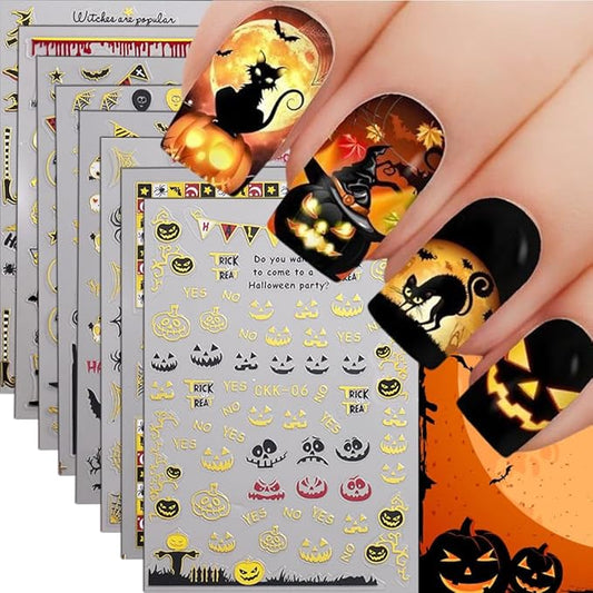 8Pcs Halloween Nail Stickers Spider Web Nail Decals Gold DIY Self Adhesive Ghost Cobweb Nail Design Halloween Nail Decoration Supplies Holiday Manicure Accessories for Women Girls