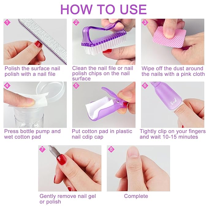 Gel Nail Polish Remover Tools Kit, 20 Toenail & Finger Nail Clips 120 Ml Push Down Pump Dispenser Bottle 200 Nail Remover Pads 200 Lint Free Nail Wipes Cuticle Pusher & Peeler Nail Brush 2 Nail Files