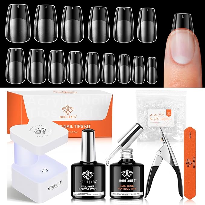 modelones Gel Nail Kit Short Coffin, Upgrade 510Pcs Fake Nails 15Sizes, 9-in-One Glue Prep Dehydrator & Mini U V Light Clipper, Pre-shaped Half Matte Press on Short Coffin Tips for DIY Salon