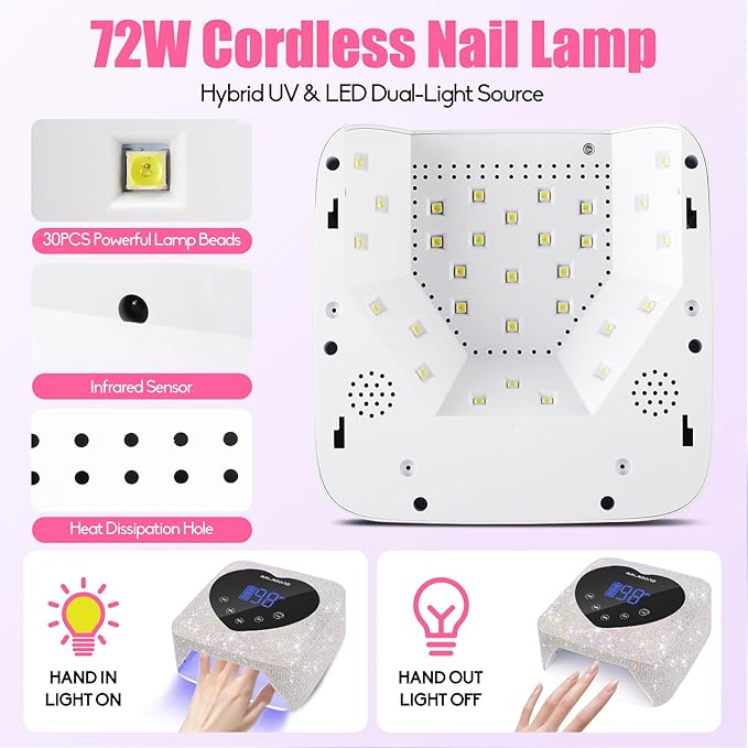 72W Cordless UV Light for Nails With 5 Timer & Auto Sensor, Professional Rechargeable Lamp for Gel Polish, Bling Cute Heart Dryer (Diamond)